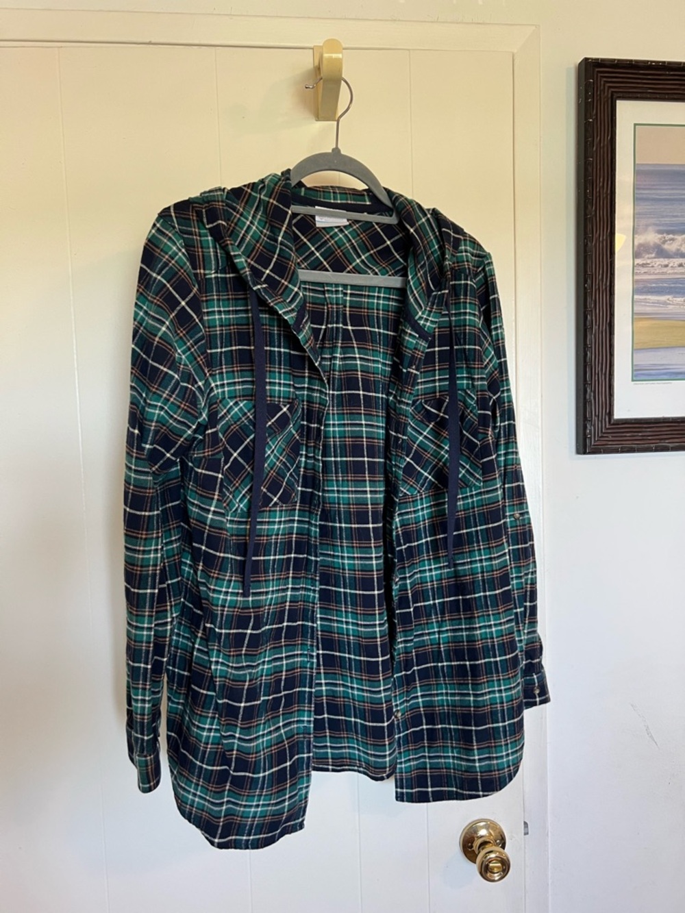 Columbia Navy and Teal Plaid Button-Down Hoodie